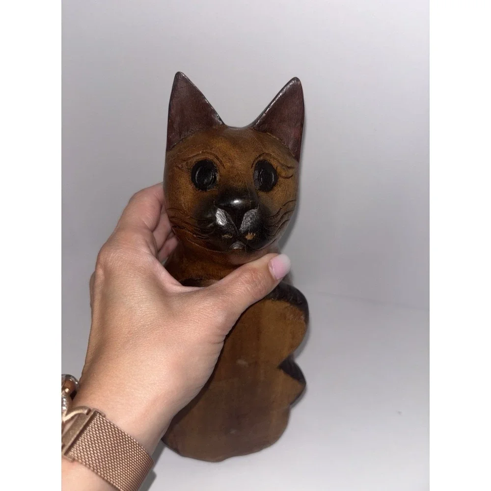 Vintage Handmade Carved Wooden Cat Shelf Sitter Peeking Cat Folk Art